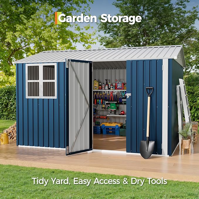 8x10 FT Outdoor Storage Shed,Metal Tool Shed with Clear Window, Lockable Doors,Large Garden Storage Box with Sloping Roof，Sheds&Outdoor Storage for Backyard Garden Patio Lawn, Navy Blue