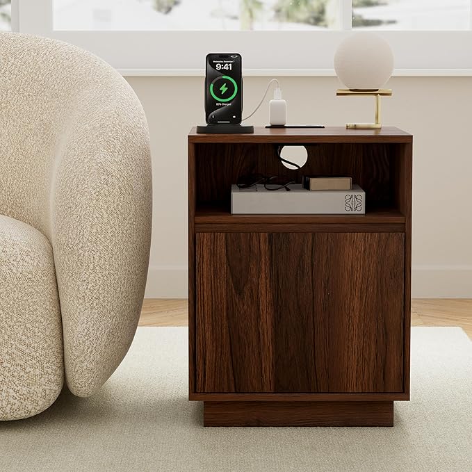 Farmhouse End Table Charging Station Set of 2, Wood Storage Nightstand with Door & Open Shelf, Bedside End Tables for Bedroom, Sofa, Brown