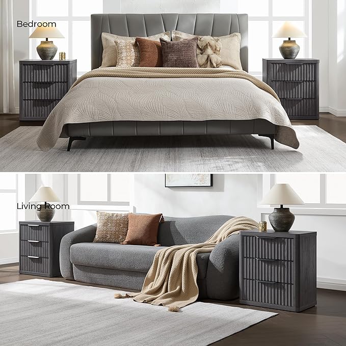 SICOTAS Night Stand Set of 2 Nightstands with 3 Drawers Storage Bedside Table Large Fluted Bed Side End Table Modern 25.6" Tall Wide Night Stands for Bedroom Living Room Sofa Couch Office