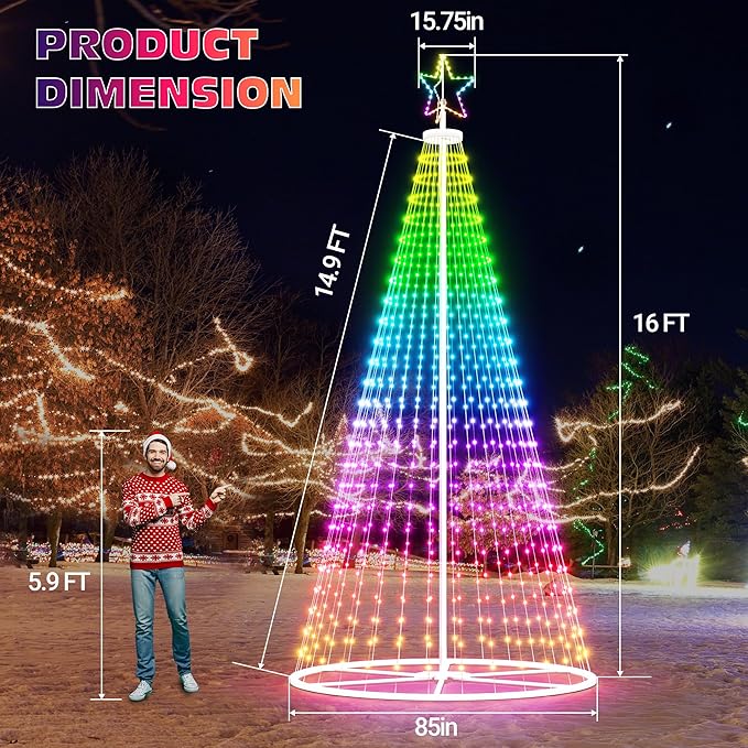 Led Outdoor Christmas Tree, 16 FT Prelit Smart Outside Christmas Tree Light Show, App Control with 660 LED Lights Color Changing, Cone Tall Star Topped Christmas Trees for Yard & Garden