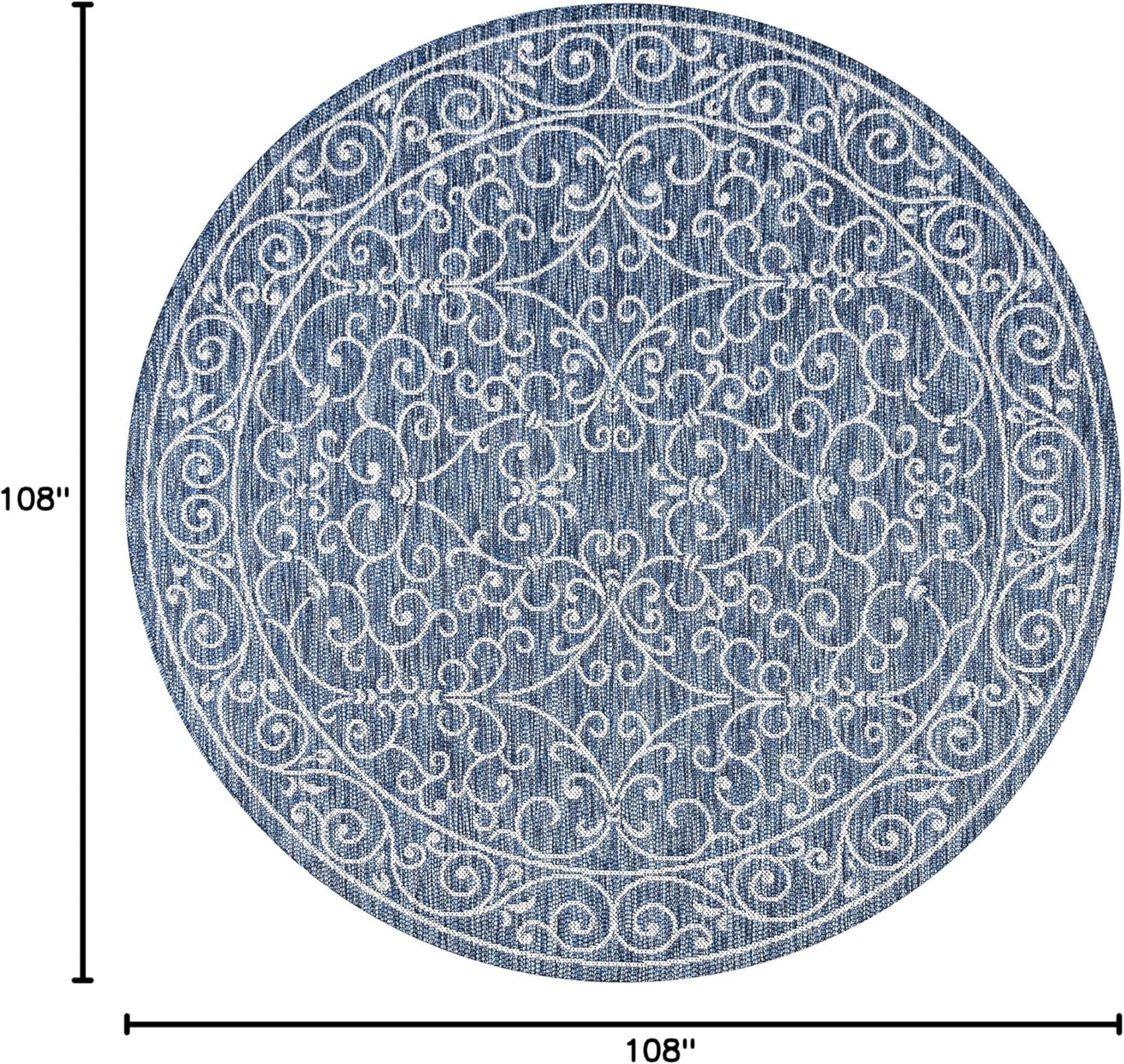 JONATHAN Y Vintage Filigree Indoor Outdoor Round Area Rug 9 Ft Navy/Gray, Charleston Textured Weave for Backyard, Patio, Porch, Easy-Cleaning, High Traffic, Pet-Friendly, Non-Shedding (SMB106D-9R)