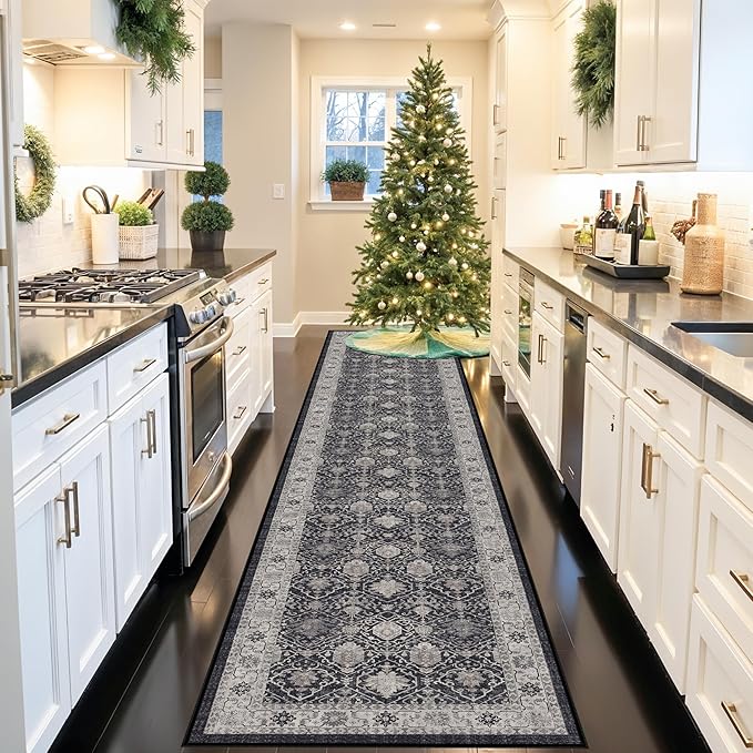 Hallway Washable Runner Rug - 3x16 Kitchen Rugs Entryway Rug Runner Vintage Soft Floor Mat Non Slip Indoor Farmhouse Carpet for Bathroom Living Room Bedroom (3 X 16, Black)