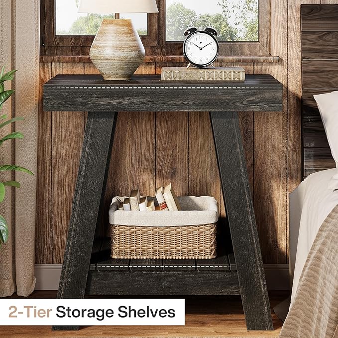 Tribesigns 2-Tier Wooden End Table, Farmhouse Small Sofa Side Table with Storage, Slim Narrow Nightstand for Living Room, Bedroom, Small Spaces, Rustic Grey