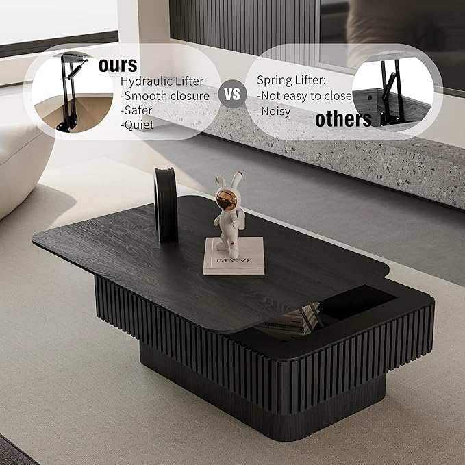 38.6" Lift Top Coffee Table, Modern Fluted Tea Table with Hidden Storage for Living Room, Apartment or Office, Black