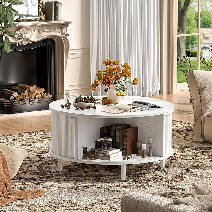 Round Coffee Table, 31.5" Fluted Center Table with Storage, Lift-Top Coffee Table with Adjustable Footpads, Sliding Door, Mid-Century Modern Center Table for Living Room, Small Space (White)
