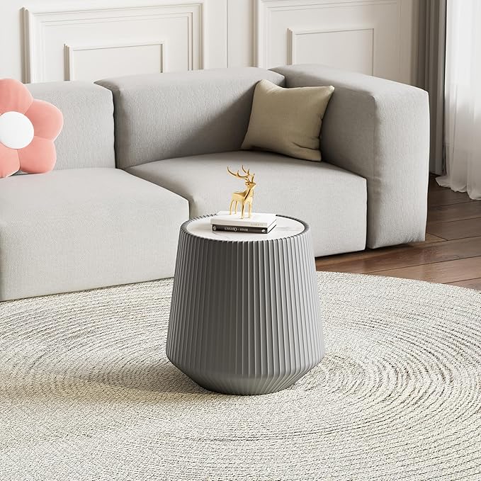 19.68" Grey Round Coffee Table, Drum Coffee Table with Sintered Stone Tabletop and Fluted PU Leather Covered and Stable Base, Circle Cocktail Tea Table for Living Room