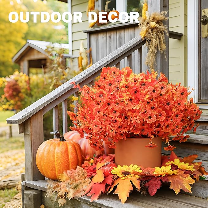 Der Rose 12 Bundles Faux Artificial Mums for Outdoors Fake Fall Flowers Plants Fall Decoration UV Resistant for Outside Home Porch Patio Garden Decor（Orange）