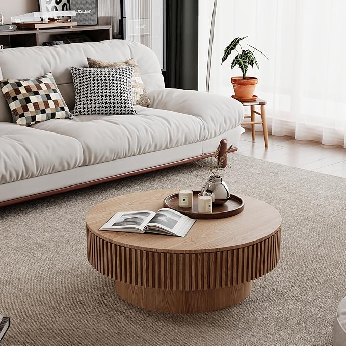 31.5" Round Coffee Table with Hidden Storage Compartment, Modern Handcraft Fluted Drum Coffee Table, Wooden Circle Center Table Cocktail Tea Table with Sturdy Pedestal for Living Room,Natural