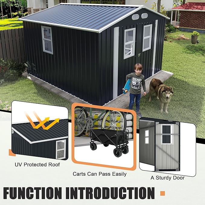 KEIKI 8x8 Metal Storage Shed with Protective Film, Four Daylight Windows, Lockable Doors, Heavy-Duty Color Steel Outdoor Storage Shed for Backyard Garden, Sheds & Outdoor Storage, Dark Gray