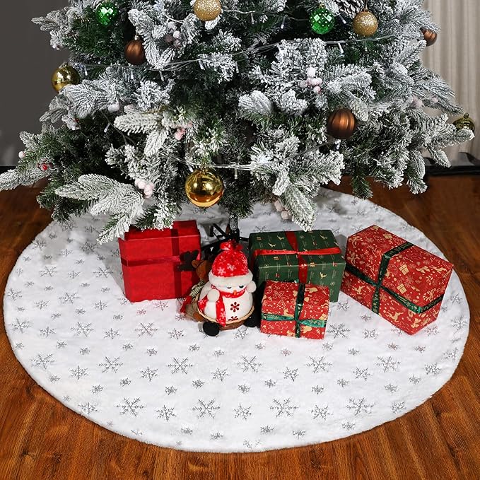 72 Inches Christmas Tree Skirt - Vonhen White Faur Fur Xmas Tree Skirts for Christmas Tree Holiday Party Decorations with Sequin Silver Snowflakes
