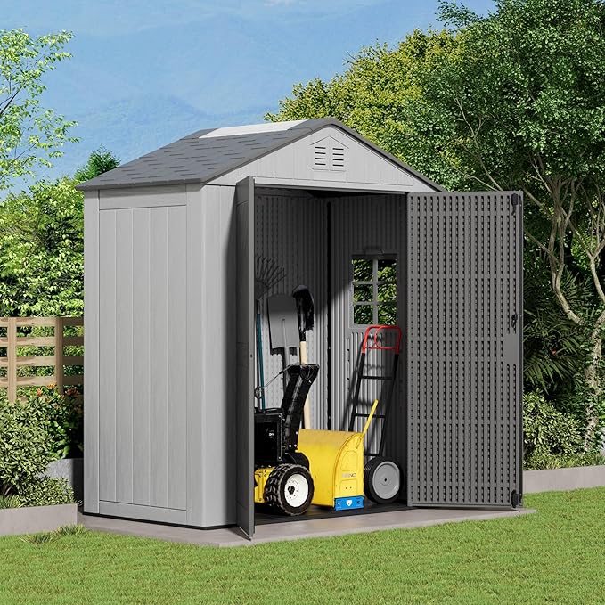 6x3.6 FT Storage Shed with Floor,HDPE Resin Outdoor Storage Shed Weather Resistant,Lockable Garden Sheds with Windows for Home/Garden Tools/Backyard/Lawn Mower/Bike Storage(Gray)