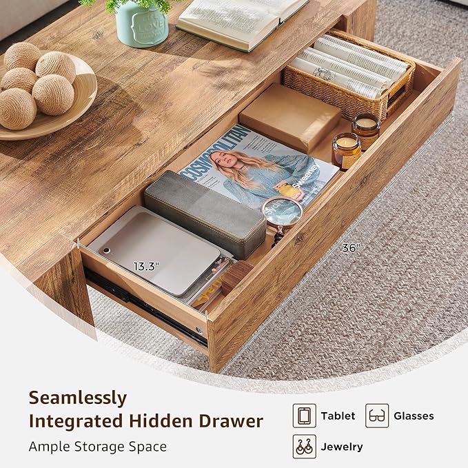 OKD 48" Modern Farmhouse Coffee Table, Wooden Living Room Table with Hidden Storage Drawer, Rustic Rectangular Center Tables w/Wood Thick Design for Living Room, Office, Gold Rustic Brown