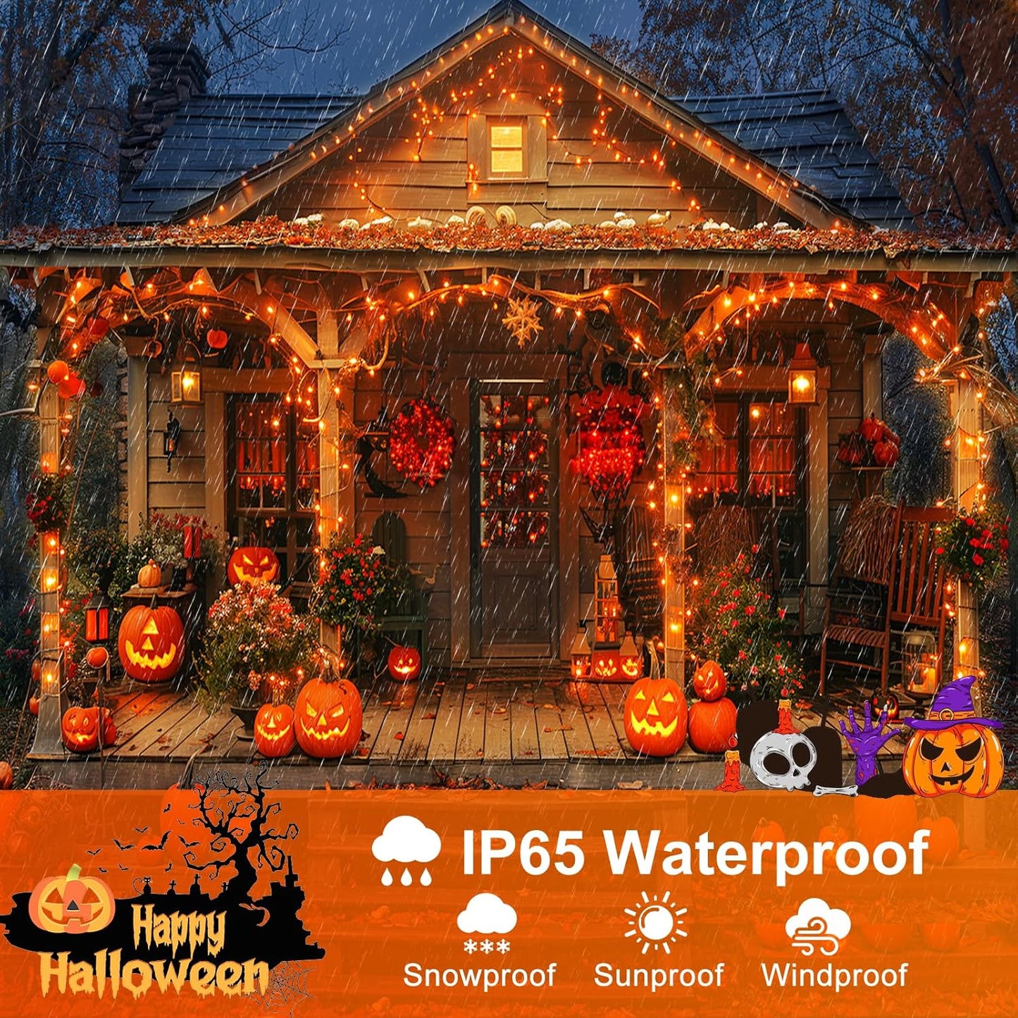 2 Pack Halloween Lights Outdoor, Total 200FT 600 LED Orange String Lights for Outside with 8 Modes Waterproof, Plug in Halloween Decorations for Indoor Bedroom Patio Garden Party Holiday