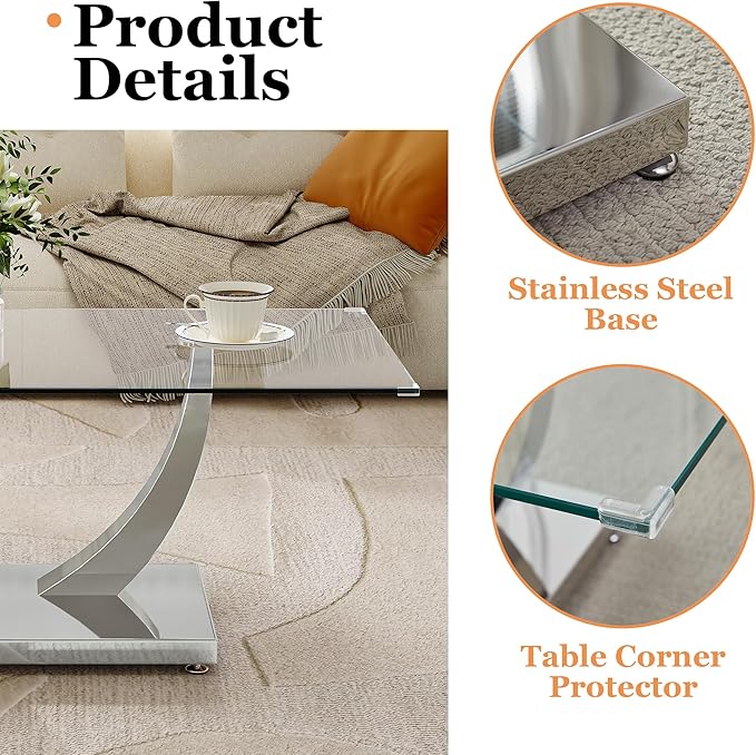 47" Glass Coffee Table, Modern Rectangular Center Table with Tempered Glass Top and Silver Horn-Shaped Stainless Steel Base for Apartment, Office