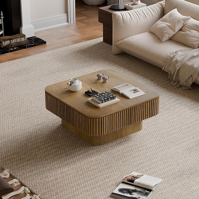 31.5'' Square Coffee Table with Storage, Mid Century Modern Fluted Drum Center Tables with Lid, Solid Wood Modern Coffee Table Accent Tea Table for Living Room, Bedroom, Apartment or Office, Brown