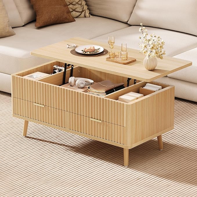 Fluted Lift Top Coffee Table- Wood Coffee Tables with Storage for Living Room, Mid Century Modern Square Large Center Table with Drawers & Hidden Compartment for Home Office, Reception