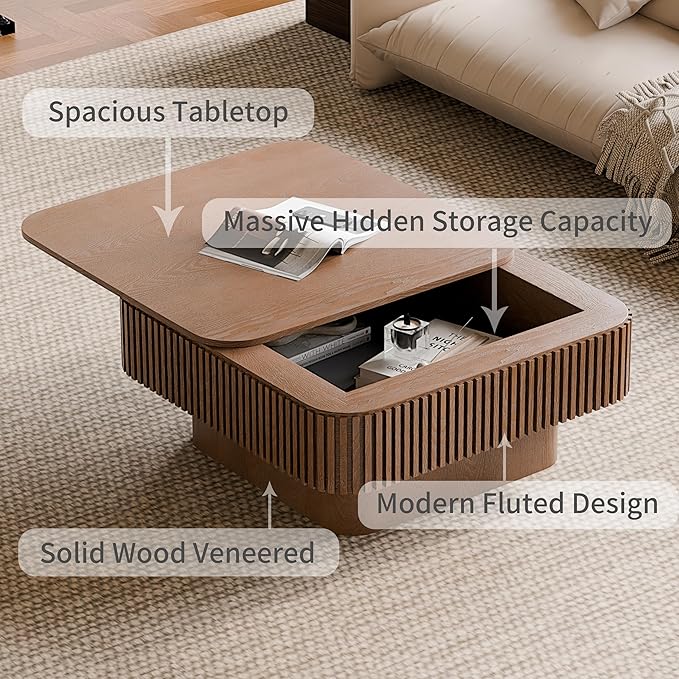 31.5'' Square Coffee Table with Storage, Mid Century Modern Fluted Drum Center Tables with Lid, Solid Wood Modern Coffee Table Accent Tea Table for Living Room, Bedroom, Apartment or Office, Walnut