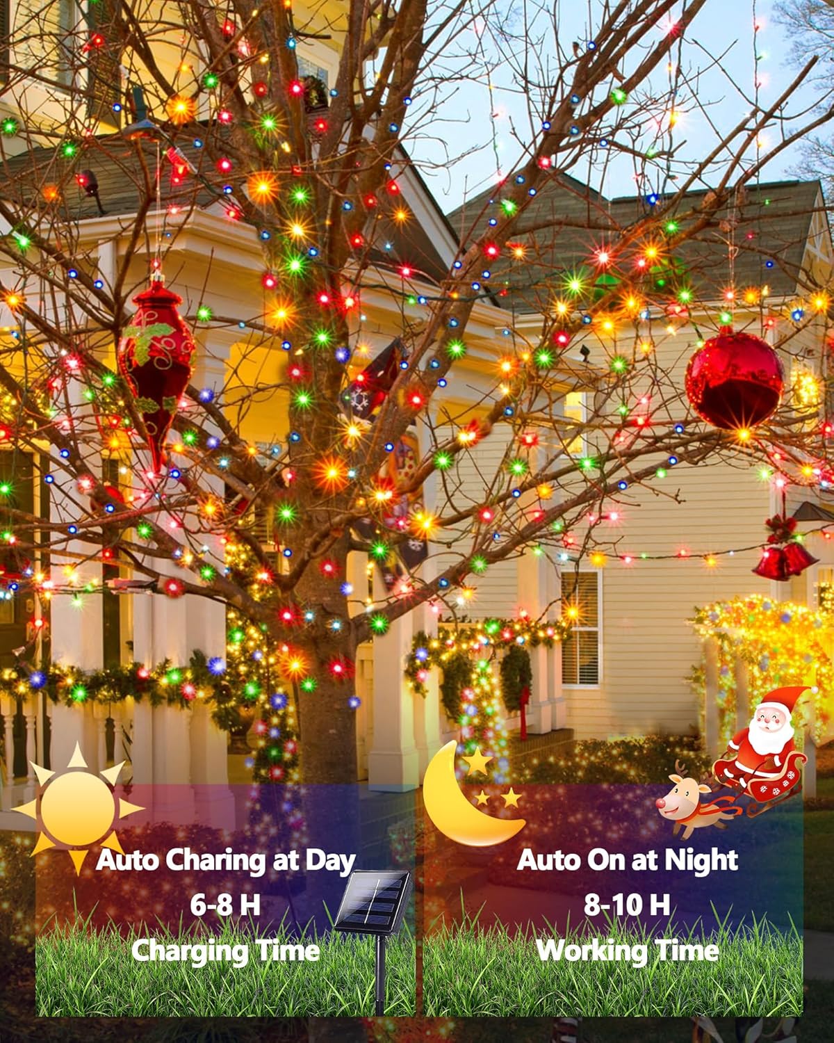 6 Pack Solar Christmas Lights Outdoor, 600 LED 198 FT Solar Powered String Lights Waterproof with Green Wire 8 Lighting Modes, Twinkle Light for Xmas Tree Party Yard Garden Decor, Multicolored