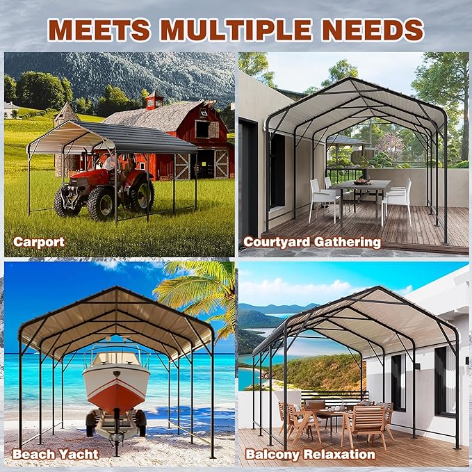 LEVELEVE 10x15 FT Heavy-Duty Metal Carport, Galvanized Steel Car Canopy with Reinforced Base Frame, Outdoor Shelter for Cars, Trucks, Boats, Tractors & RV