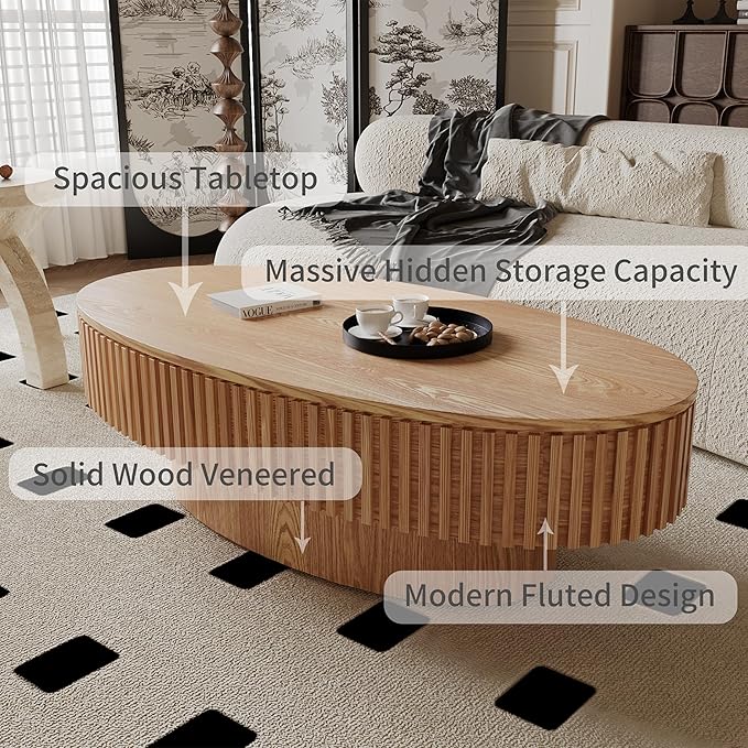 WILLIAMSPACE 47.2" Oval Coffee Table with Storage, Modern Drum Center Table with Solid Wood Veneered, Accent Side Tea Table for Living Room Apartment, Natural Wood