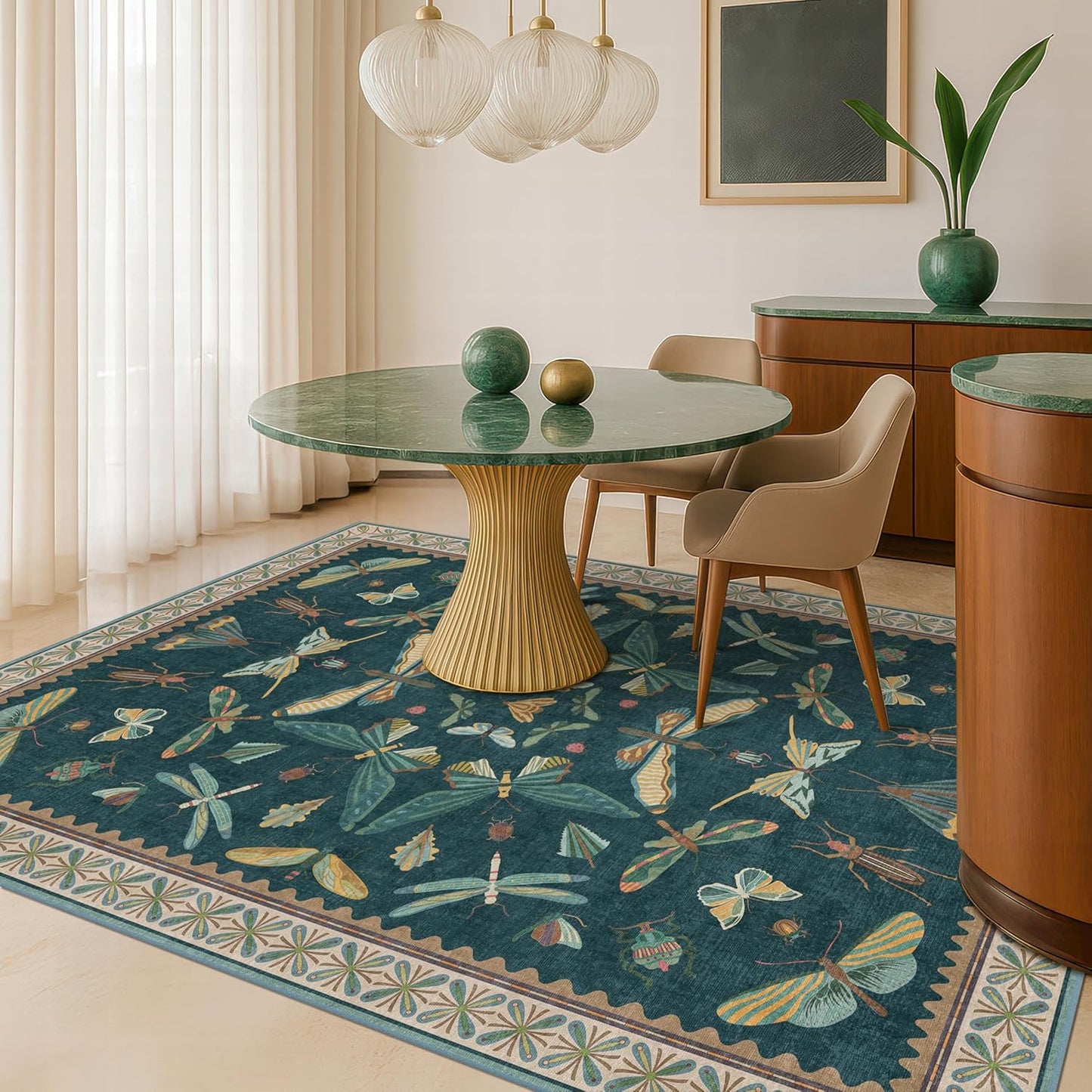 Insect Blue Green Living Room Rug 5x8 - Washable Area Rug for Bedroom, Dining Room, Kids Playroom, Home Office, Boho Butterfly Non Slip Stan Resistant