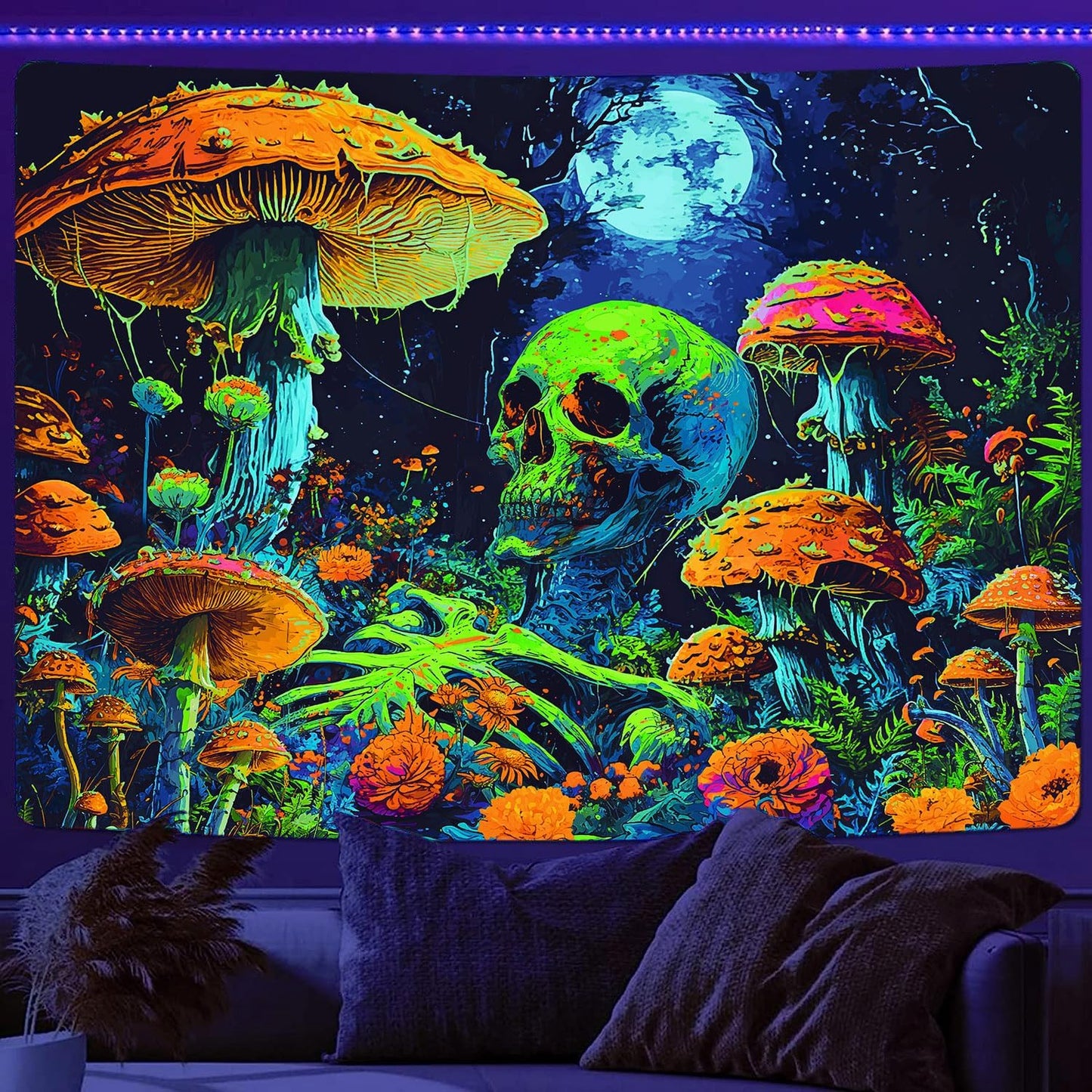 Xiaoput Blacklight Skull Wall Art, UV Reactive Neon Gothic Tapestry for Men, Glow in Dark Trippy Forest Wall Hanging for Home Decor, 90x70IN
