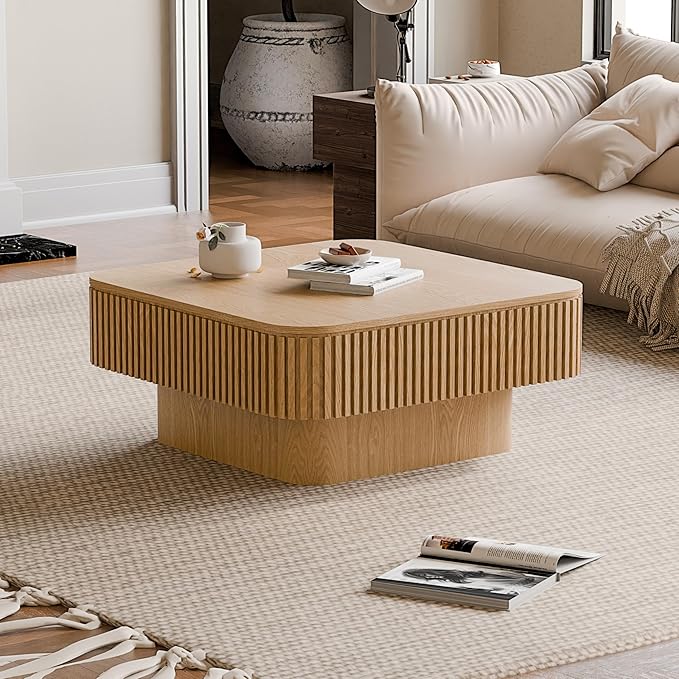 31.5'' Square Coffee Table with Storage, Mid Century Modern Fluted Drum Center Tables with Lid, Solid Wood Modern Coffee Table Accent Tea Table for Living Room, Bedroom, Apartment or Office, Natural