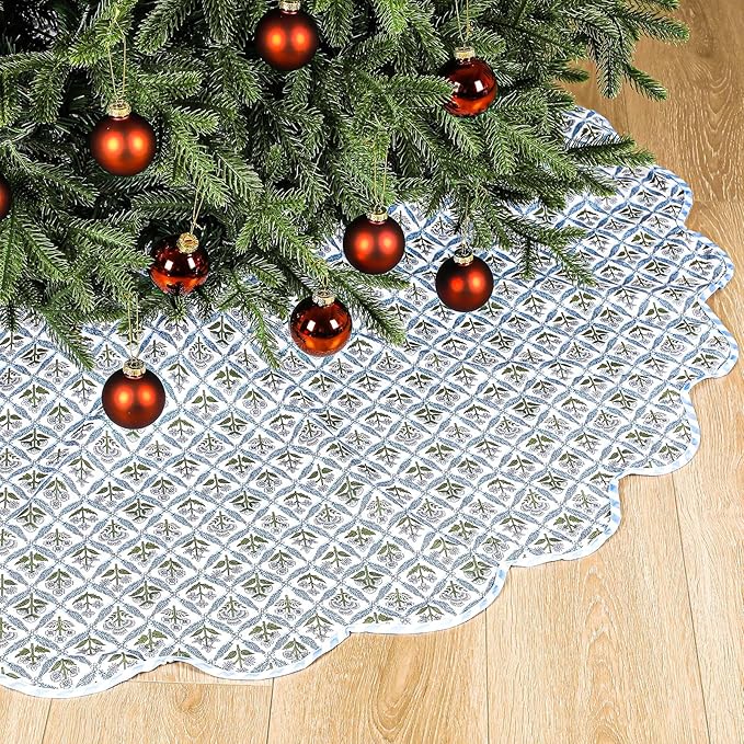 Christmas Tree Skirt Cotton Floral Block Tree Skirt in Nature Color for Home Xmas Party Seasonal Holiday Decoration Indoor Outdoor(60 Inch,Blue)