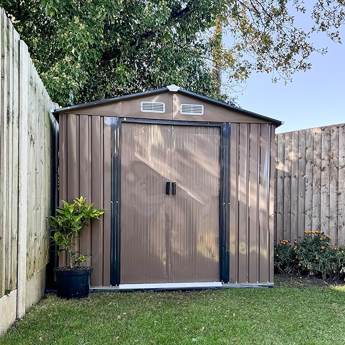 Outsunny 7' x 4' Outdoor Storage Shed, Garden Tool Metal Shed with Foundation Kit, Double Lockable Door, Air Vents and Sloping Roof, for Backyard, Patio, Lawn, Brown