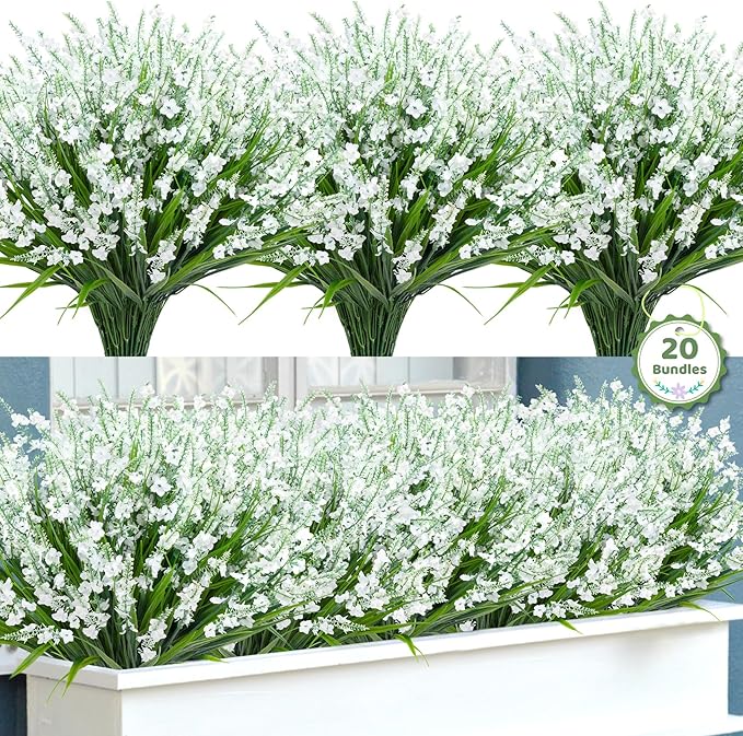 20 Bundles Artificial Lavender Flowers for Outdoors Fake Silk Flowers Faux Plants UV Resistant for Indoor Outside Spring Porch Garden Window Table Box Office Home Decorations, White