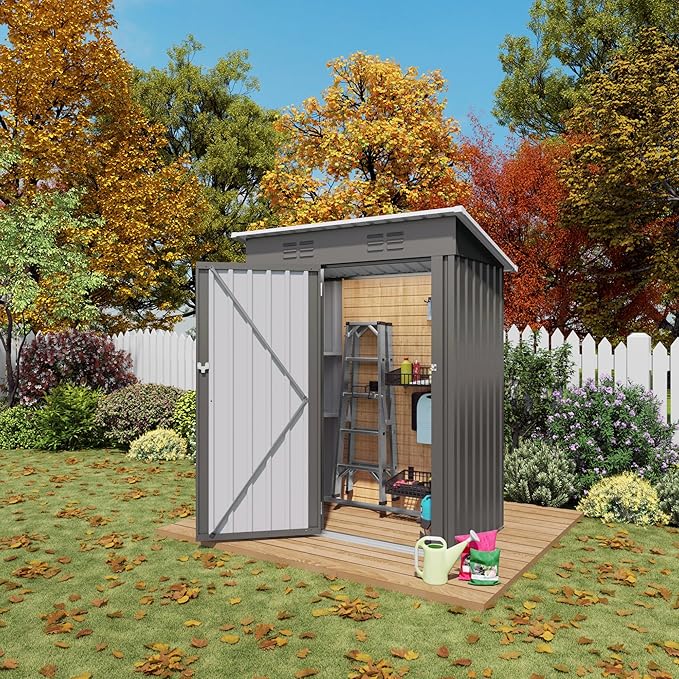 5x3 FT Outdoor Storage Shed, Small Metal Garden Shed with Lockable Hinged Door, Outside Tool Sheds with Sloped Roof & 2 Air Vents, Waterproof Storage Building for Backyard, Patio, Lawn, Gray