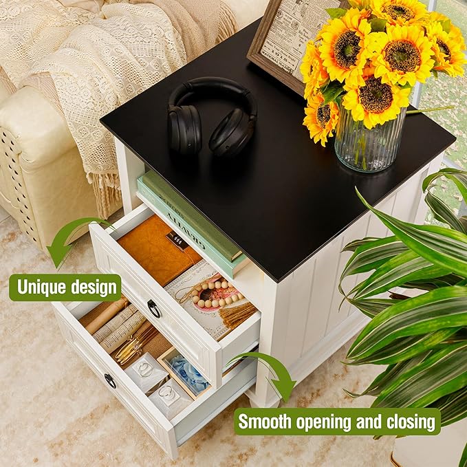 Farmhouse Nightstand, 24" Wooden Couch Side Table with 2 Drawers & Open Shelf, Rustic End Table for Bedroom & Living Room, Bedside Space-Saving Accent Storage Cabinet (White)