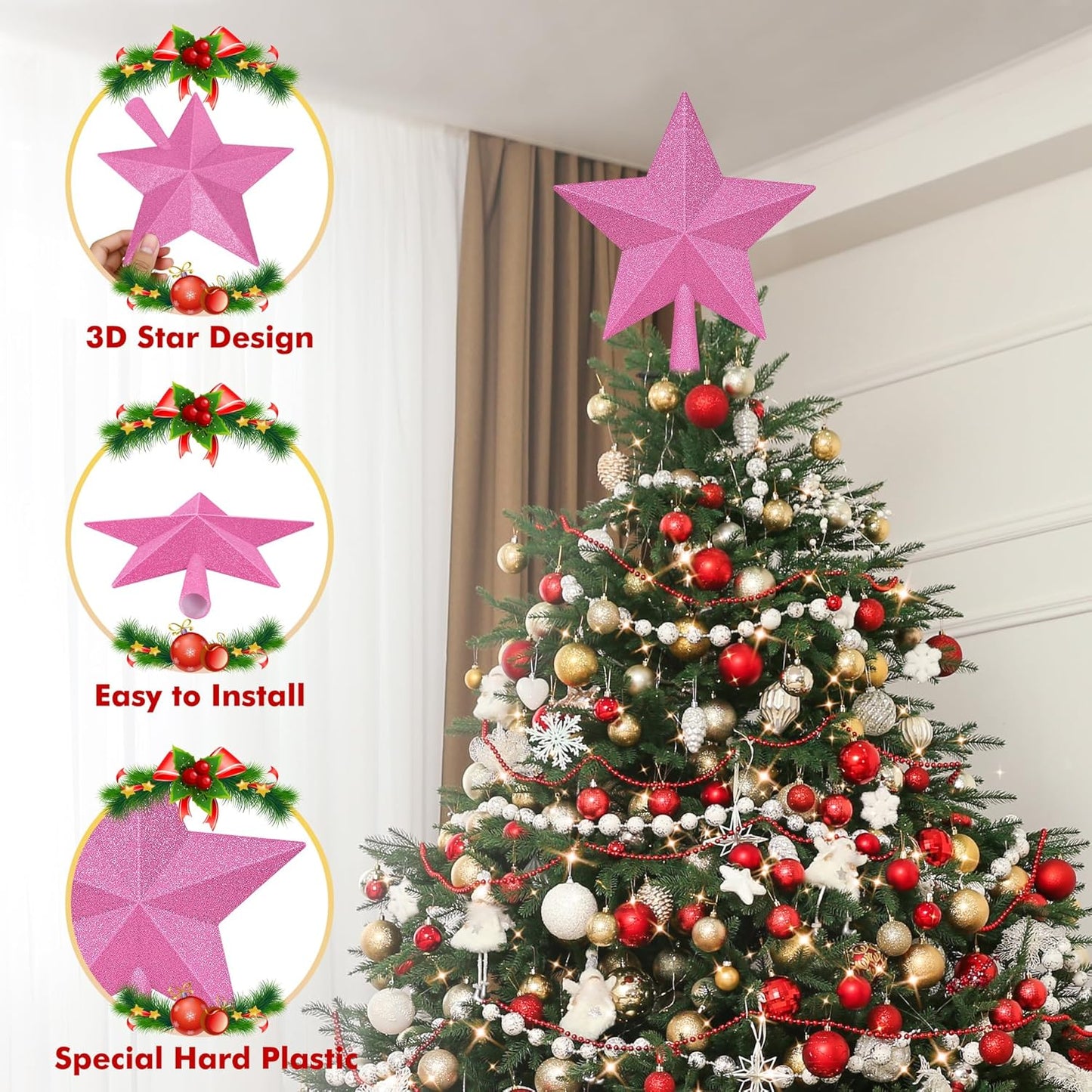 Christmas Tree Topper Decoration, 10" Black Christmas Tree Topper Star Accessories, Large Xmas Glitter Bethlehem Tree Ornament, Waterproof Holiday Xmas Star for Home Indoor Outdoor