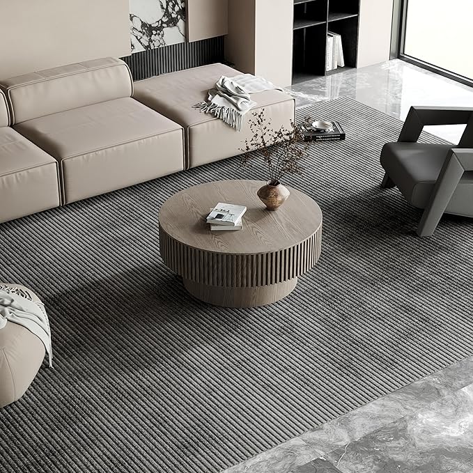 31.5" Round Coffee Table with Hidden Storage Compartment, Modern Handcraft Fluted Drum Coffee Table, Wooden Circle Center Table Cocktail Tea Table with Sturdy Pedestal for Living Room, Grey
