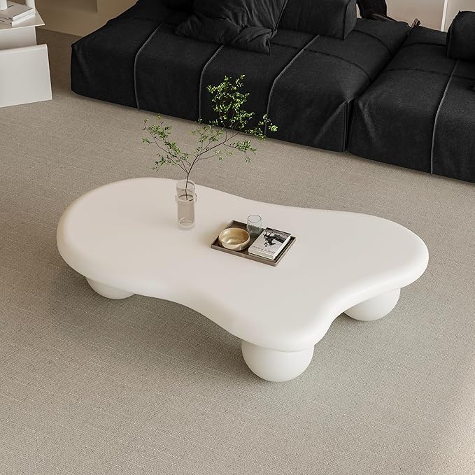 47.2” Cloud Coffee Table with 3 Ball Legs, Modern Lrregular Center Table for Living Room, Low Cute Small MDF Tea Table for Bedroom, Space Apartment-White