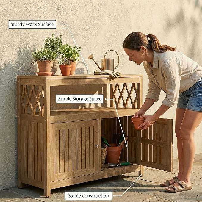 DTY Outdoor Living Longs Peak Eucalyptus Wood Sideboard Table, Outdoor Buffet Cabinet with Storage, Biscotti Weather-Resistant Finish