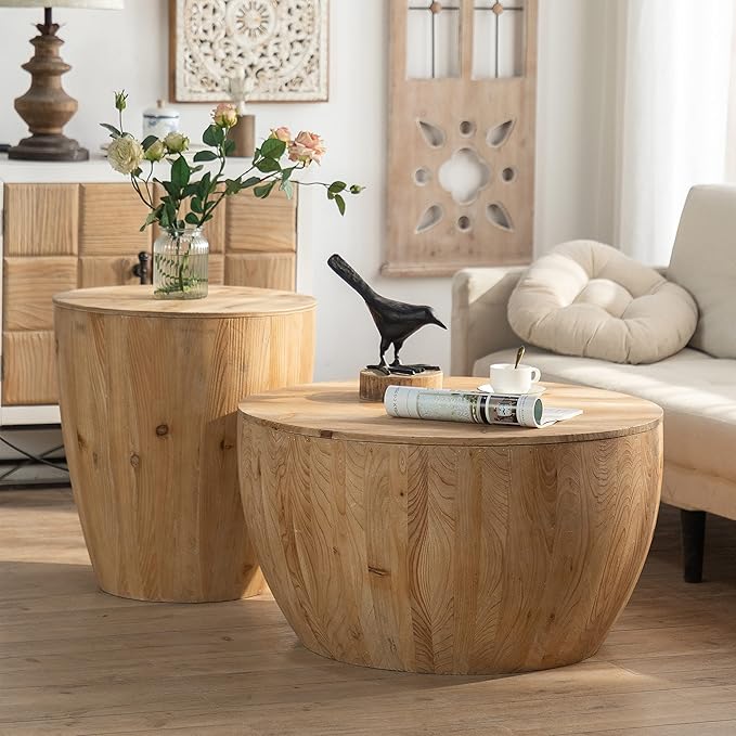 21.06" Vintage Style Bucket Shaped Coffee Table, Drum Coffee Table for Office, Dining Room and Living Room, Nature
