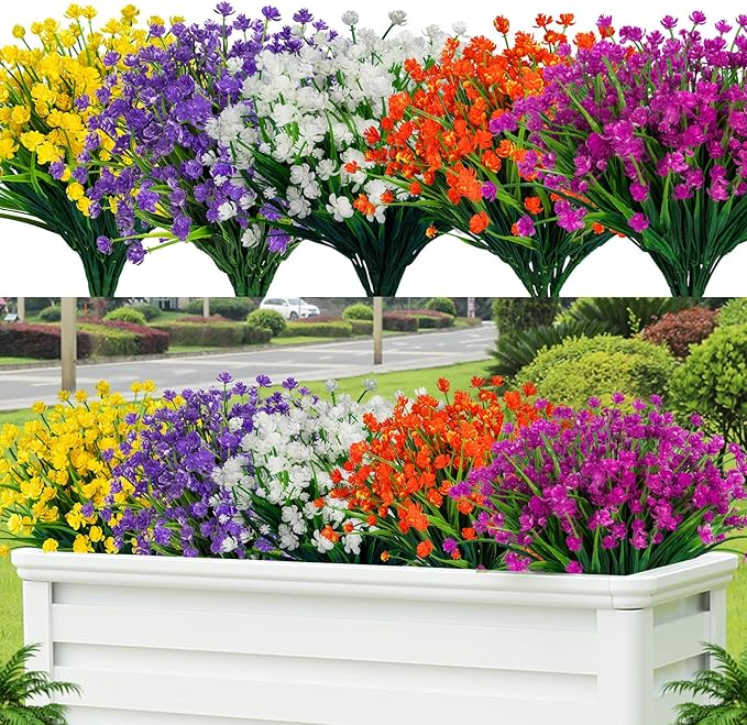 Lnoicy Artificial Flowers for Outdoor,10pcs Plastic Flowers Decoration, UV Resistant Faux Flowers Shrubs, Artificial Plants for Indoor Outside Garden Home Wedding Farmhouse(5 Color)
