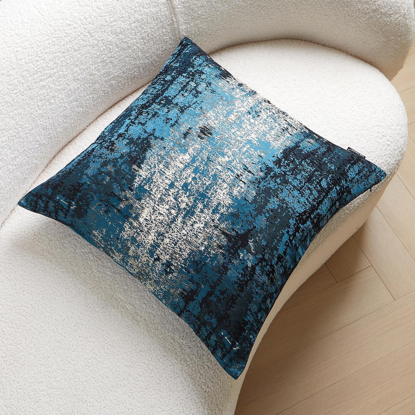 THE-TINOART Teal & Gold Embroidered Jacquard Pillow Cover 18x18 - Luxury Reversible Decorative Throw Pillow Cover with Gold Thread & Velvet Backing, Elegant Holiday Home Décor