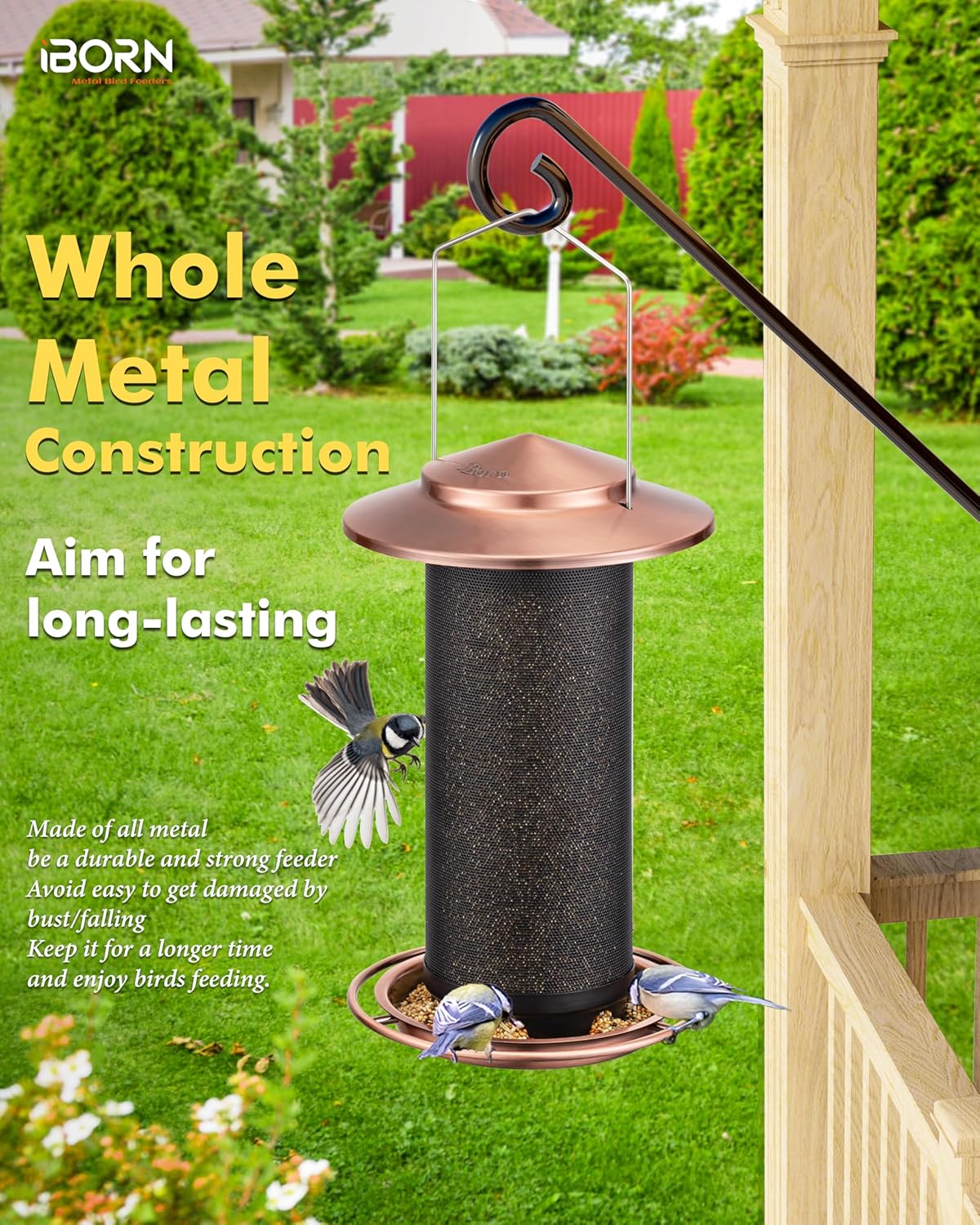 iBorn Bird Feeders for Outdoors, All Metal Mesh Tube, Holding Bird Seed for Outside Feeders,18cm Large Roof, Copper, 2.8lb(Seed is not Included)