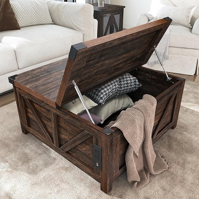 Farmhouse Lift Top Coffee Table with Storage, Wood Square Center Table with Charging Station&USB Port, Living Room Table w/Large Hidden Space, for Living Room, Bedroom, Home Office, Brown