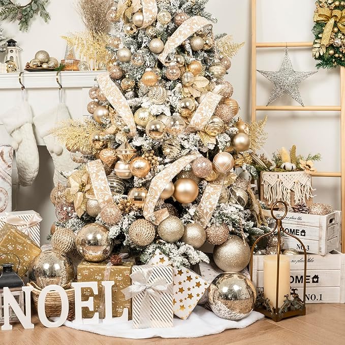 XmasExp Large Christmas Ball Ornaments,4pcs Champagne Giant Shatterproof Plastic Hanging Mercury Xmas Ball Decorations Christmas Tree Ornaments (Champagne Gold, 4")
