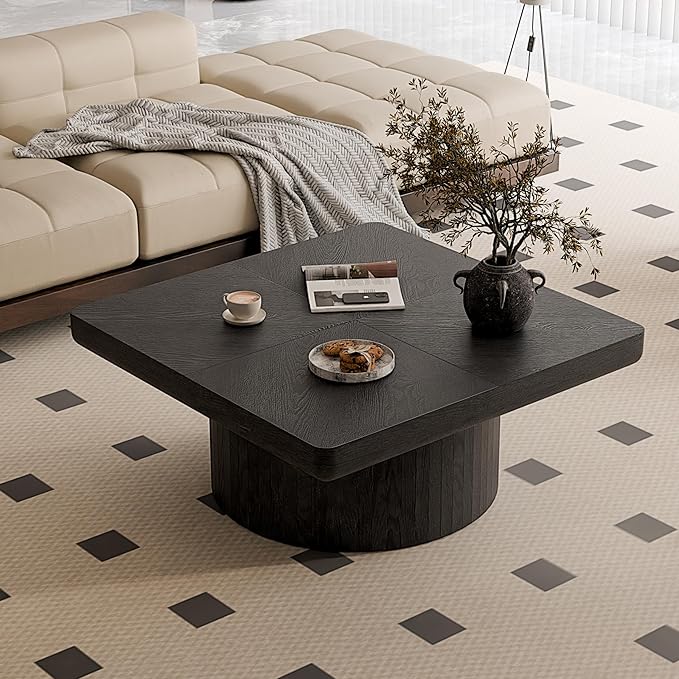Square Coffee Table with Round Wood Pedestal Coffee Tables for Living Room, Modern Rustic Center Table Easy Assembly Black-ø34.6"&ø34.6 ø14.9