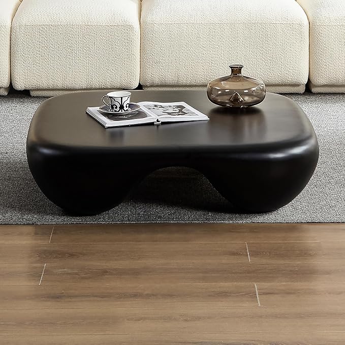 Cloud Square Modern Coffee Table, Heavy Duty Low Profile End Table with Stable 4-Leg Base and Strong Tempered Glass Top, Cream Style Sofa Side Table (Black Matte)