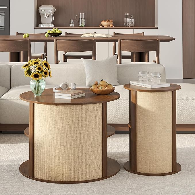 Round Coffee Table Set, 2-Tier Boho Mid Century Modern Wooden Center Coffee Table and End Table Sets of 2 with Adjustable Shelf, Sackcloth Finish, Farmhouse, for Living Room, 27.5 Inches, Walnut