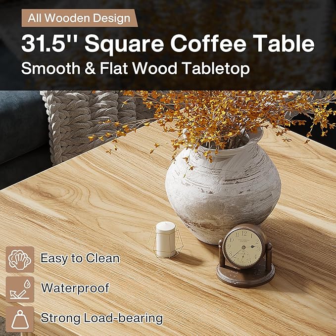 Tribesigns Square Coffee Table, 31.5-Inch Fluted Coffee Table, Mid-Century Modern Living Room Table, Large Cocktail Table for Living Room, Easy Assembly, Oak