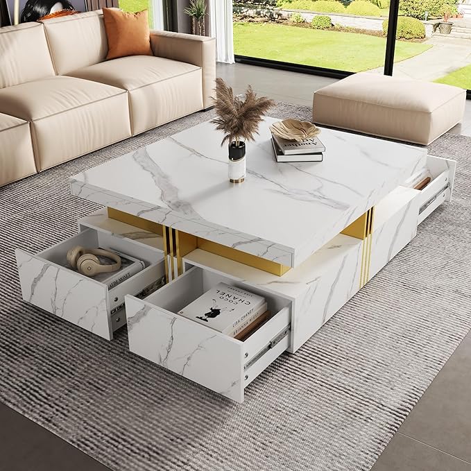 Merax 43.3" Modern Square Storage Coffee Table with 4 Drawers, with Marbling Gold Accents, Functional Center Tables for Living Room Apartment, White