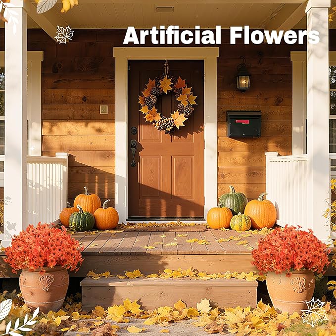 Der Rose 12 Bundles Faux Artificial Mums for Outdoors Fake Fall Flowers Plants Fall Decoration UV Resistant for Outside Home Porch Patio Garden Decor（Orange）