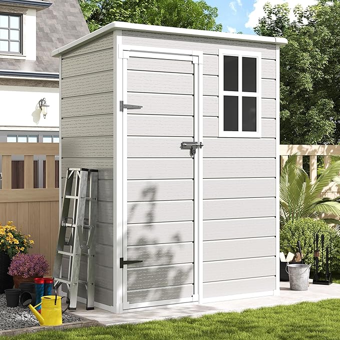 Amopatio Outdoor Storage Shed with Floor,5x3 FT Lockable Plastic Tool Shed with Ventilation,Waterproof Resin Garden Sheds for Backyard,Patio,Lawn and Bike Bedge