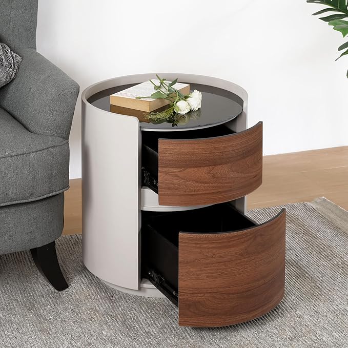 WILLIAMSPACE 17.13" Round Small Coffee Table with Double Storage Drawers & Tempered Glass Top, Modern Accent Side Table Retro Style End Sofa Table for Living Room Apartment, Brown + Gray